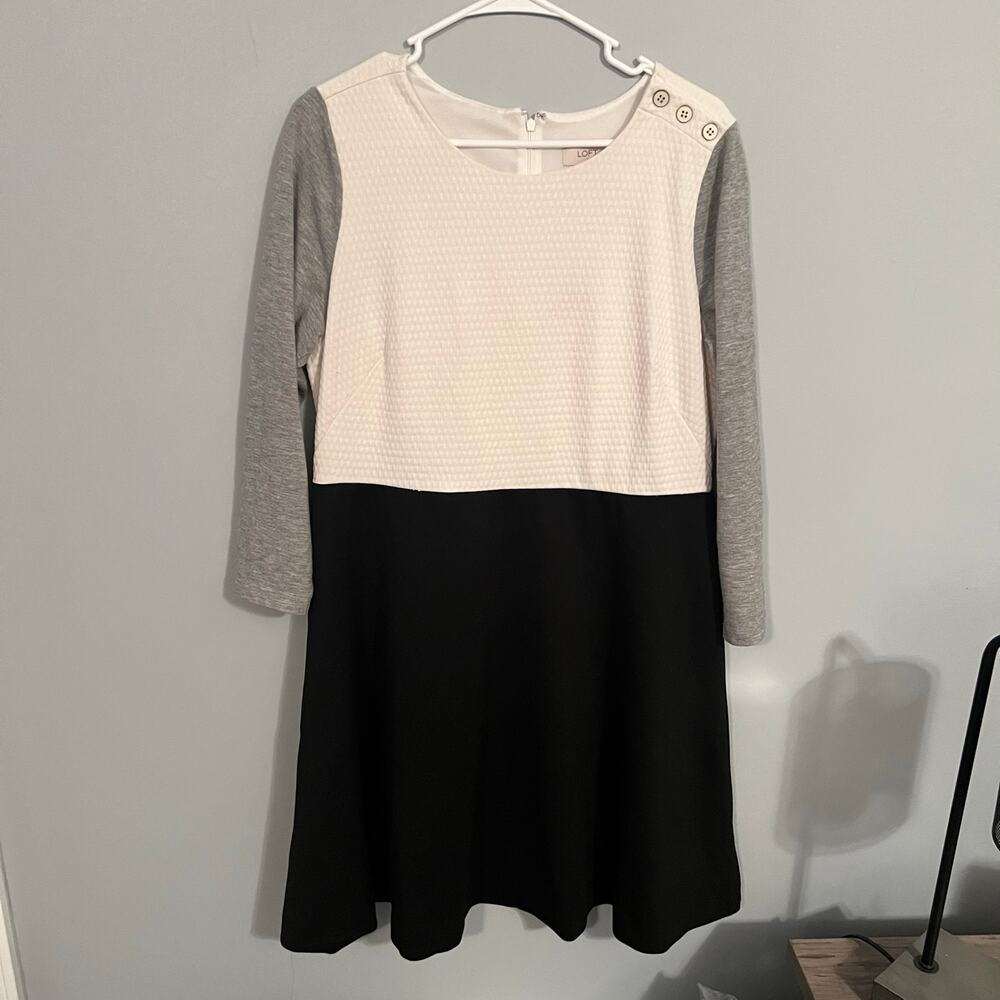 LOFT Ann Taylor Colorblock Dress w/ 3 Button Shoulder Women's Size 14 Black Gray